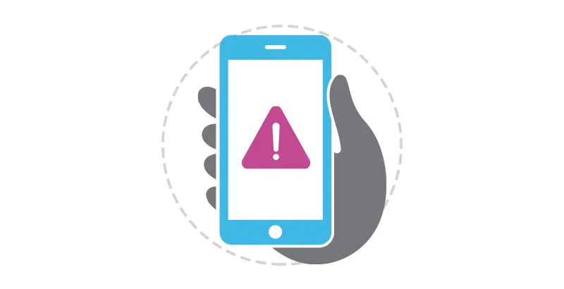 Illustration: Child holds smartphone with exclamation point showing on screemn